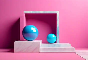A square with a white marble and podium, a blue ball, and a pink wall in the background