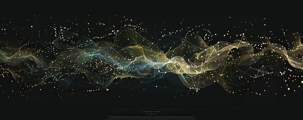 An elongated backdrop of soft gold and pale blue connections cascading horizontally across a black background