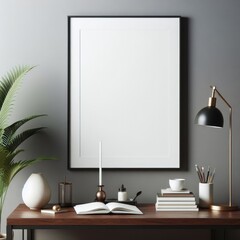 A desk with a plant and a picture frame image art realistic lively.