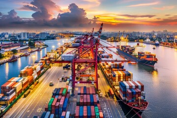 A bustling harbor filled with cargo ships being loaded and unloaded with crates and containers, Generative AI