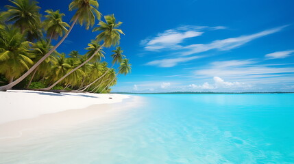 Fototapeta premium blue beach scene with palm trees, generative ai