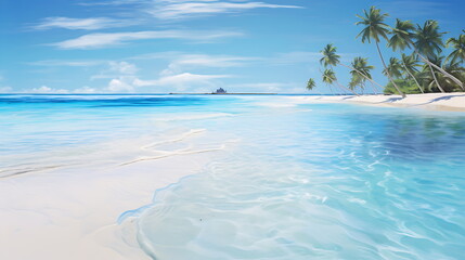 blue beach scene with palm trees, generative ai