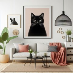 A living room with a template mockup poster and with a couch and a picture of a cat image attractive harmony lively.
