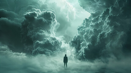 Person facing ominous storm clouds with lightning