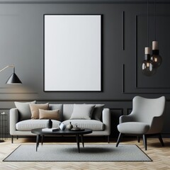 A living room with a template mockup poster empty white and with a couch and a coffee table realistic used for printing card design.