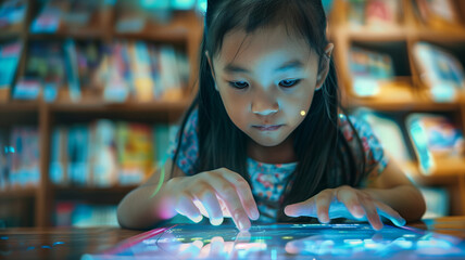 Young girl using tablet in futuristic library