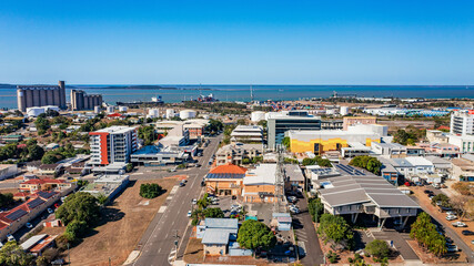 aerial view of Gladstone CBD looking towards the sea, Queensland