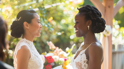 Radiant brides sharing a moment at garden wedding