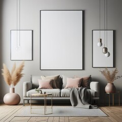 A living room with a template mockup poster empty white and with a couch and a picture frame image realistic photo lively.