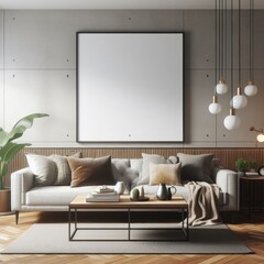 A living room with a template mockup poster empty white and with a couch and a picture framestandardscalex image photo attractive used for printing.