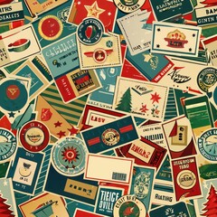 Seamless pattern of vintage postcards celebrating holidays and festive occasions throughout the years, Generative AI
