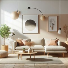 A living room with a template mockup poster empty white and with a couch and a table image attractive harmony lively.