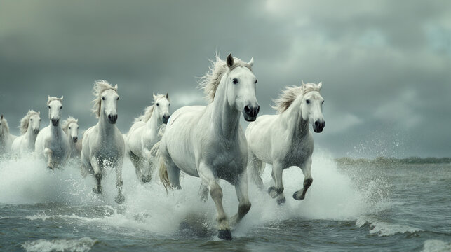 a herd of white horses running on water