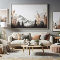 A living room with a template mockup poster empty white and with a couch and coffee table image realistic used for printing card design.