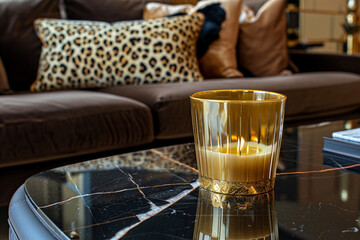 An opulent gold-rimmed glass candle holder on a black marble coffee table, with a leopard spot pillow on a rich chocolate brown sofa in the background.