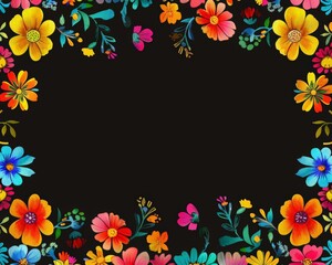 Frame made of colorful flowers on black background. Mexican traditional folk art border pattern. Cinco de Mayo celebration concept. Greeting card with place for text.