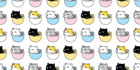 cat seamless pattern coffee cup kitten calico neko vector hot tea pet cartoon doodle pastel color tile background gift wrapping paper repeat wallpaper scarf isolated illustration design