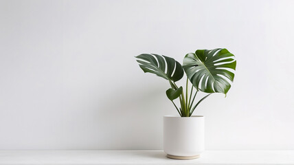 Decorate the interior of the room with Monstera flowers in white pots. a white background.