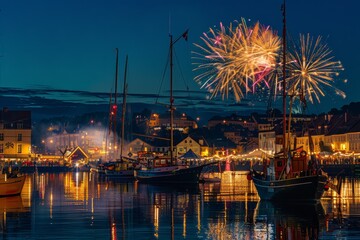  A vibrant maritime festival taking place at the harbor, with live music, seafood tastings, boat parades, and fireworks displays, Generative AI