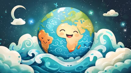 A cute cartoon Earth smiling and floating in space surrounded by stars and clouds.