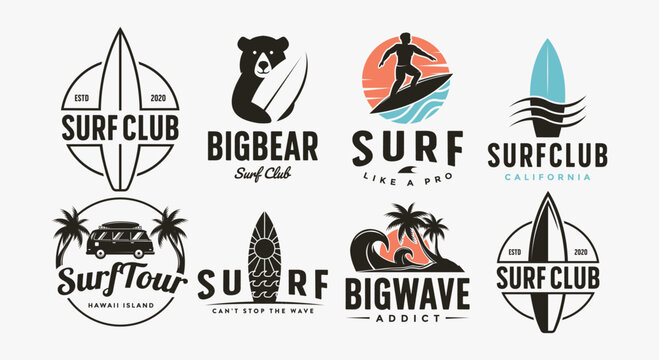 Set of ocean surfing logo, surf club, surfboard logo on white background