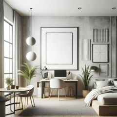 A Room with a template mockup poster empty white and with a bed and a desk and a computer standardscalex art realistic has illustrative meaning.