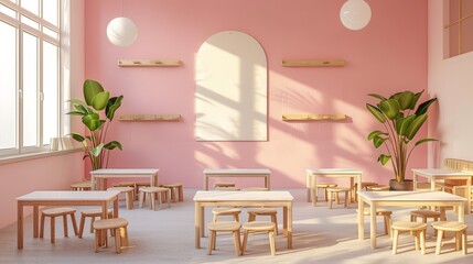 Pink classroom with tables and chairs for children.