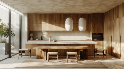 Modern Minimalist Kitchen Design with Wooden Finishes and Natural Light