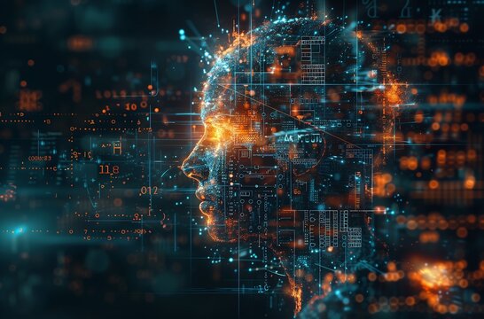 closeup persons face digital background artificial intelligence machine technological enigma markets avatar neuron high evolution banner mastodonic large arrays transhuman