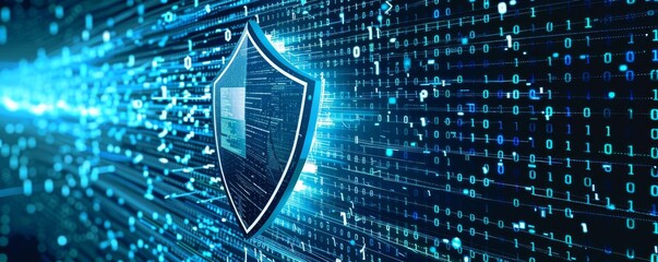 Cybersecurity awareness campaign poster with a shield and binary code streaming in the background