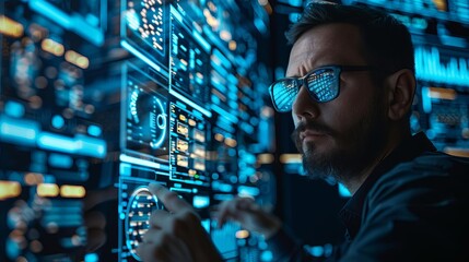Cybersecurity professional explaining a binary code anomaly to colleagues over a hightech digital interface