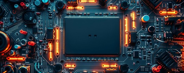 Fototapeta premium Cybersecurity training session featuring soldering skills, top view, displaying the learning process, futuristic tone, Triadic Color Scheme