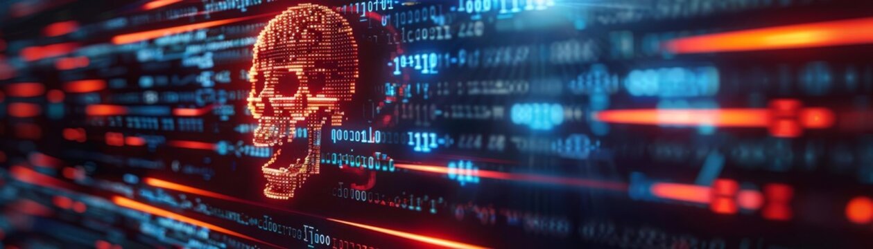 Cybersecurity breach scenario with a skull symbol and binary code error messages on a computer screen