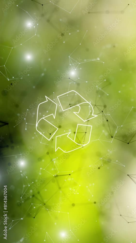Poster nature sunny glowing bokeh lines dots with recycle sign symbol rotation. conceptual vertical green c