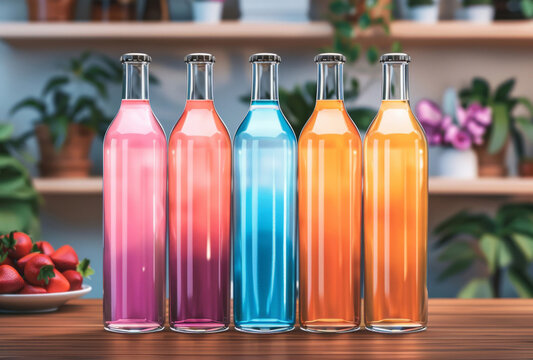 Colorful bottles with juice inside, with clear edge definition, ethical concerns, a berrypunk theme, and push processing.