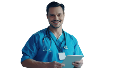 Cheerful handsome surgeon doctor man in blue uniform holding digital tablet computer, looking at camera, smiling. Transparent, isolated on white.