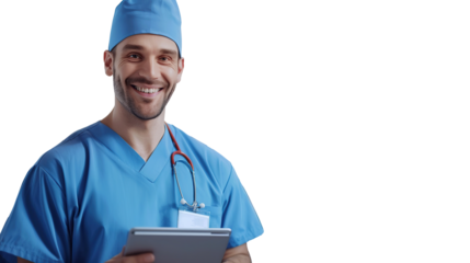 Cheerful handsome surgeon doctor man in blue uniform holding digital tablet computer, looking at camera, smiling. Transparent, isolated on white.