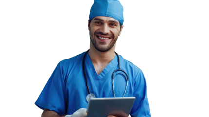 Cheerful handsome surgeon doctor man in blue uniform holding digital tablet computer, looking at camera, smiling. Transparent, isolated on white.
