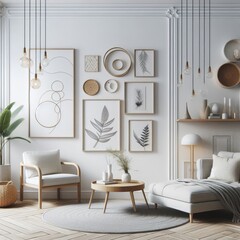 A Room with a template mockup poster empty white and with a couch and chairs image realistic attractive.