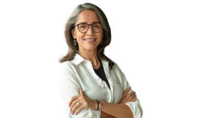 Happy cheerful 45 year old Latin professional mid aged business woman corporate leader. Transparent, isolated on white.