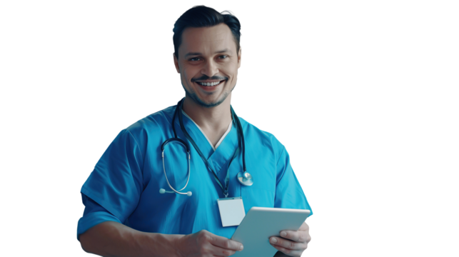 Cheerful handsome surgeon doctor man in blue uniform holding digital tablet computer, looking at camera, smiling. Transparent, isolated on white.