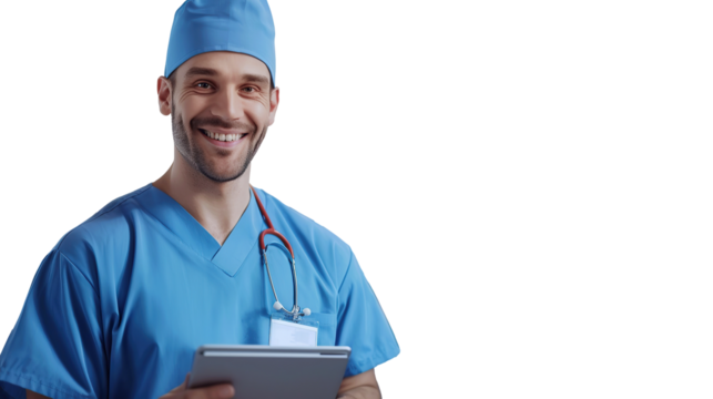 Cheerful handsome surgeon doctor man in blue uniform holding digital tablet computer, looking at camera, smiling. Transparent, isolated on white.