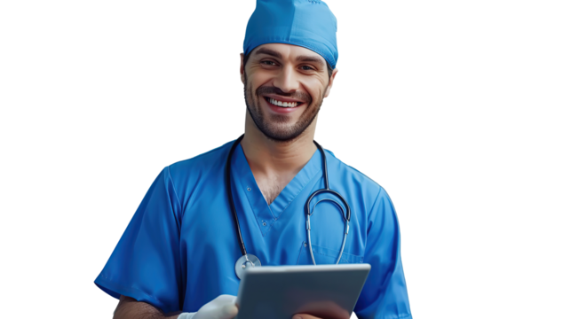 Cheerful handsome surgeon doctor man in blue uniform holding digital tablet computer, looking at camera, smiling. Transparent, isolated on white.