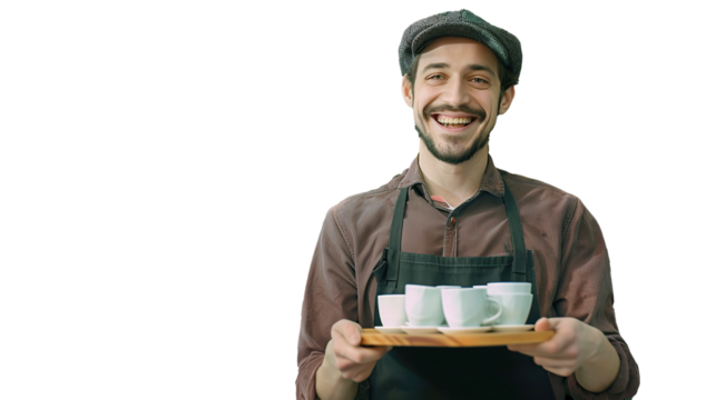Cheerful male waiter carrying coffee cups on tray and smiling at camera. Transparent, isolated on white.