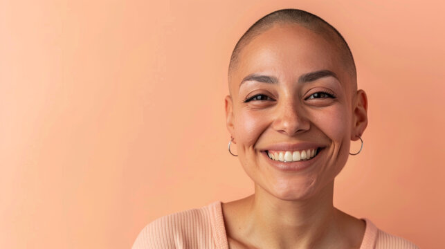 A woman with a shaved head is smiling, cancer patient with chemotherapy