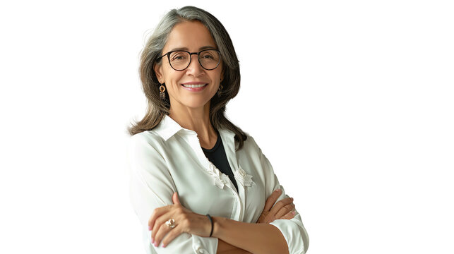 Happy cheerful 45 year old Latin professional mid aged business woman corporate leader. Transparent, isolated on white.