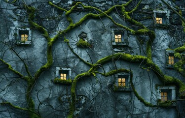 A stone wall with small windows covered in moss, in a contemporary fairy tale style, with twisted branches.