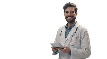 Portrait of pharmaceutical sales representative in medical building, waiting for doctor, presenting new pharmaceutical product. Transparent, isolated on white.