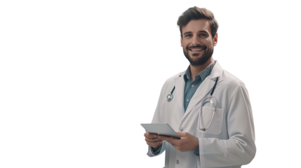 Portrait of pharmaceutical sales representative in medical building, waiting for doctor, presenting new pharmaceutical product. Transparent, isolated on white.