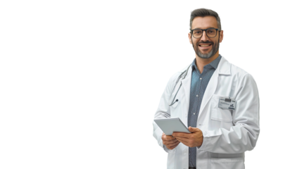 Portrait of pharmaceutical sales representative in medical building, waiting for doctor, presenting new pharmaceutical product. Transparent, isolated on white.